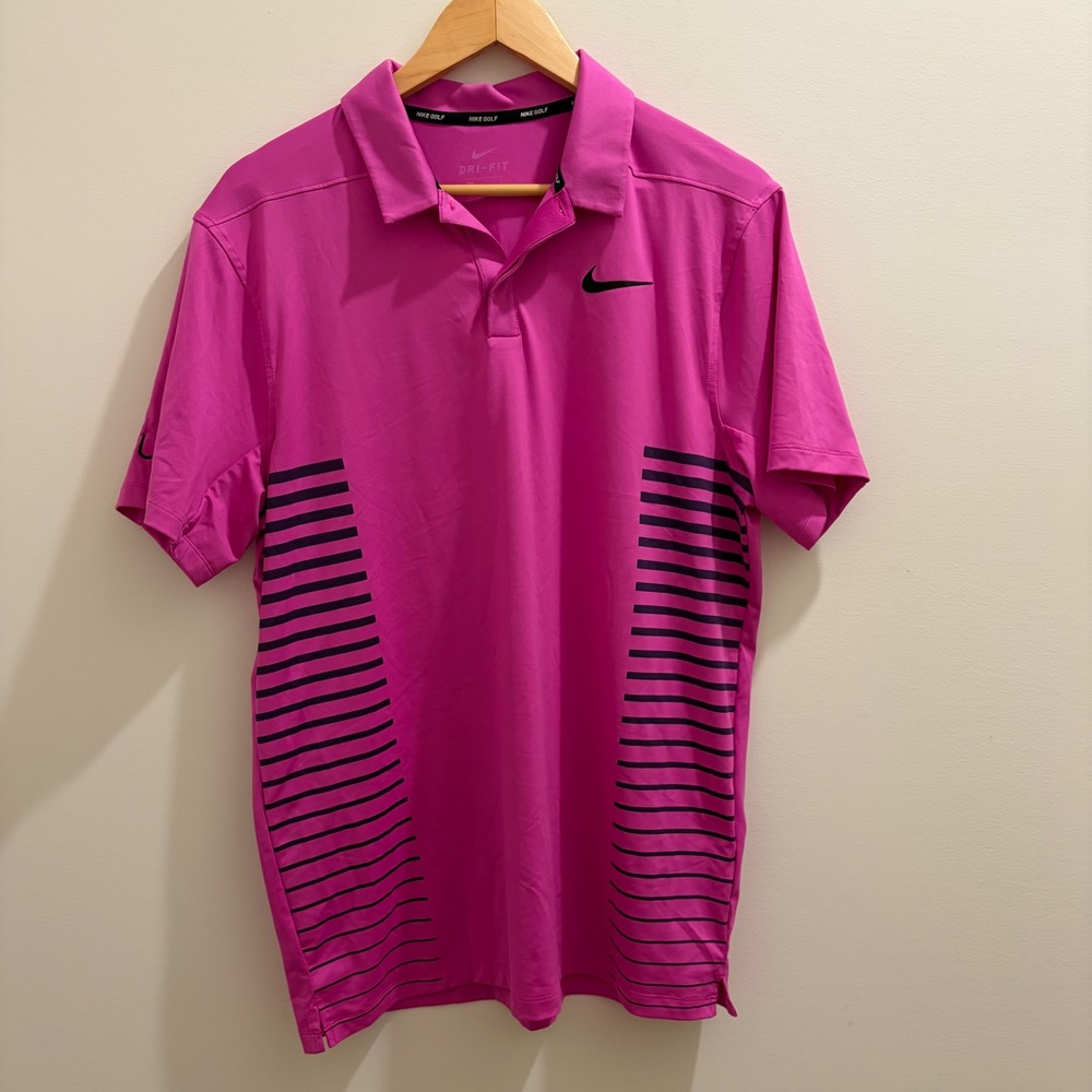 Nike Golf Dri-FIT Polo Shirt Mens Medium Pink Black Striped Side Performance